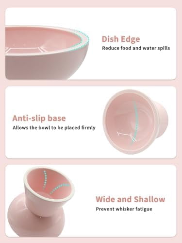 Elevated Cat Food and Water Bowls Set, Extra Wide and Raised Ceramic Feeder, Anti-Vomit Whisker-Free Pressure Feeding Bowl for Kittens Adult Cats Small Dogs(Pink, Food Bowl)