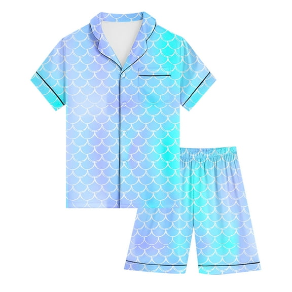 Kids Girls Pajama Set Silky PJS Button-Down Sleepwear Nightwear Loungewear Clothes Set Gift