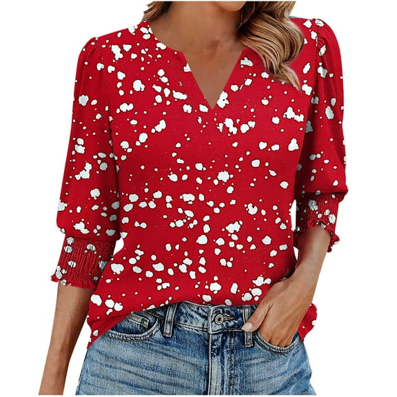 ZQUUVOU Womens T-Shirts V-Neck Puff 3/4 Sleeve Blouses Business Work Tunic Shirt(Red,S)