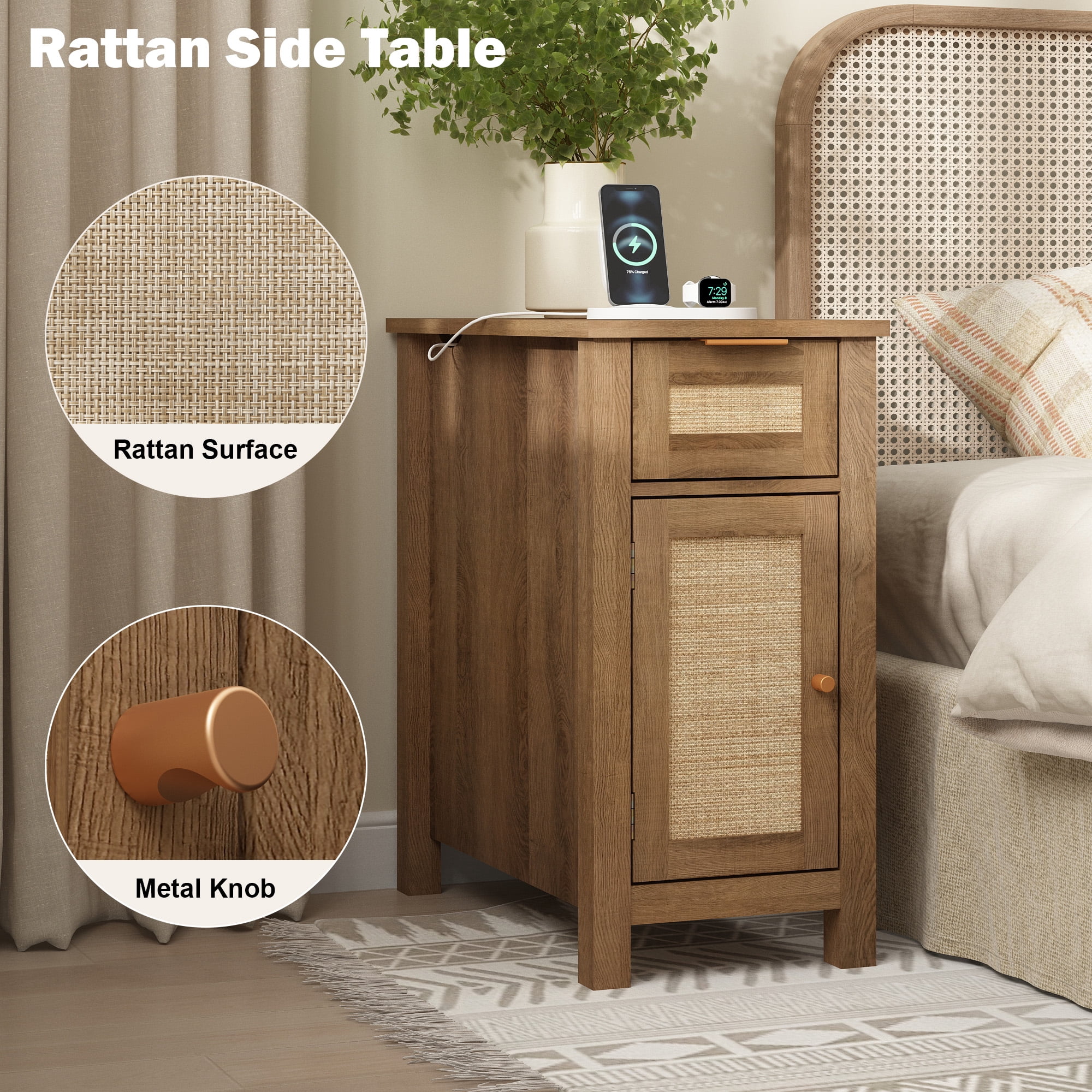 Narrow End Table with Charging Station, Small Side Table with Storage, Rattan Nightstands for Living Room Bedroom