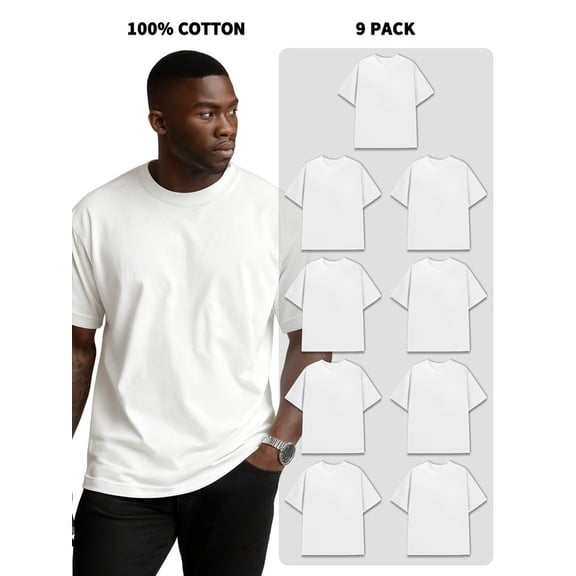 9-Pack Men's 100% Cotton Crew Neck Short-Sleeve T-Shirts, 180g, 1.5% Shrinkage Rate, Bulk