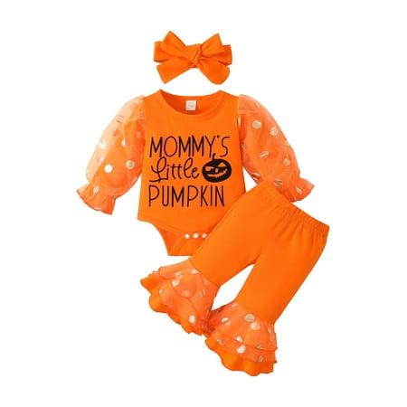 

aturustex Halloween Baby Girls Jumpsuits Set Letter Print Long Sleeves Romper Pullover Top+Ruffle Casual Flared Pants +Headband