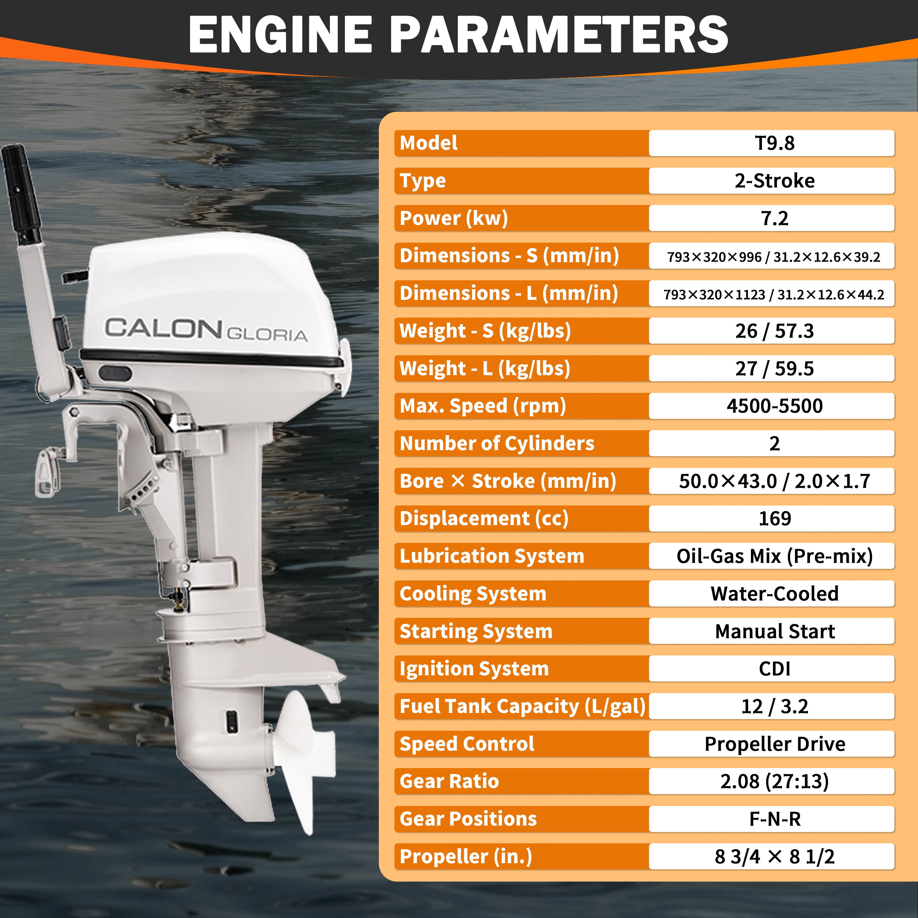 2 Stroke 9.8HP Calon Outboard Motor with Fuel Tank, 169cc Heavy Duty Long Shaft Fishing Boat Engine with Water Cooling System & CDI Ignition System for Inflatable Boat Kayak Canoe Sailboat