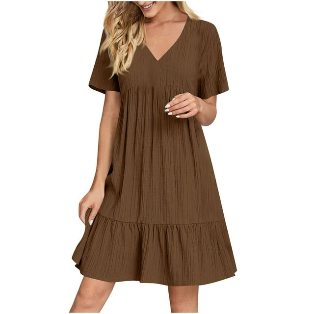 Kyusrd Robes d'Été pour Femmes 2025 Vacances Manches Courtes Robe Mini Élégante Taille Haute Plissée Robes d'Été Décontractées Fluides Col en V Robe de Plage à Volants Coupe Évasée Robes Soleil Robes Fantaisie pour Femmes