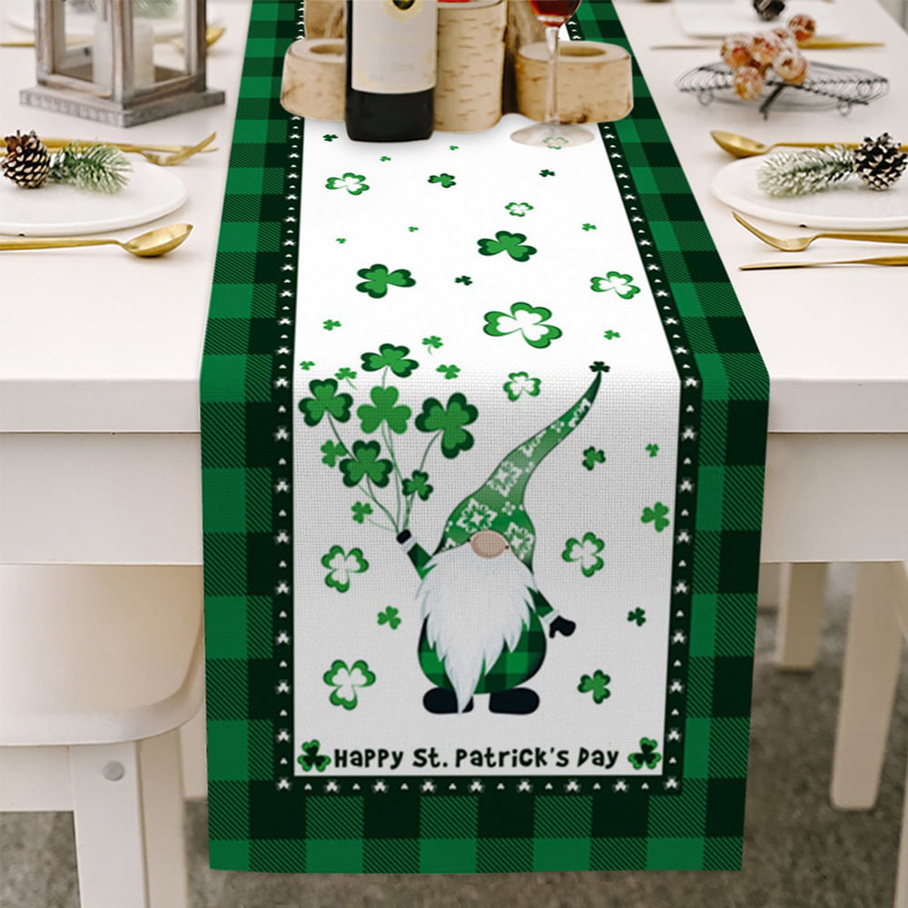 tiosggd St Patricks Day Table Runner,72 Burlap Linen Jute Fabric with Embroidered Shamrock for Farmhouse Rustic Indoor Holiday Home Decoration 