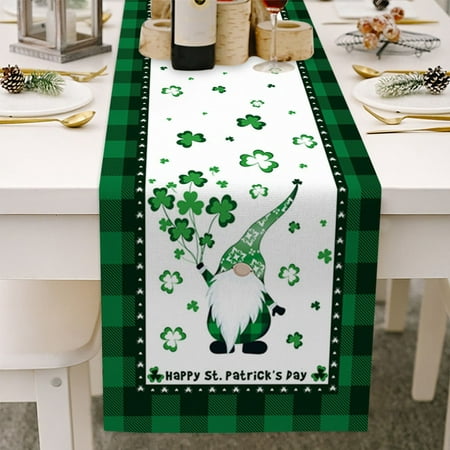 

St. Patrick s Day Gnomes Clover Cotton Linen Table Runner Dresser Scarves Irish Green Buffalo Check Plaid Non-Slip Rectangle Tablecloth Decor for Kitchen Home Dining Spring Holiday 13x70 inches