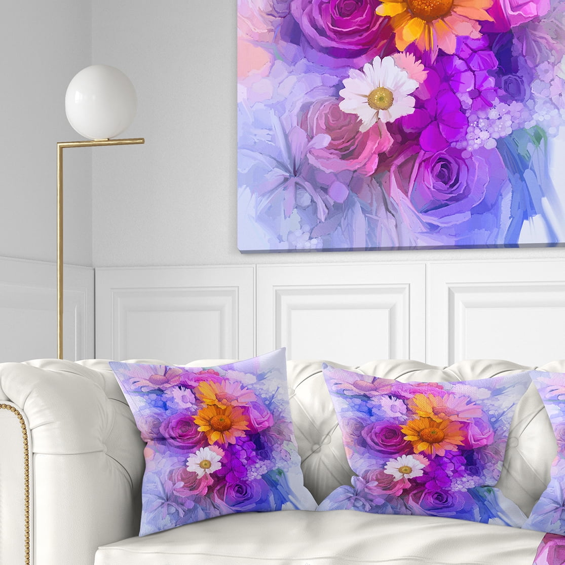 Insert Printed On Both Side Sofa Throw Pillow 16 in x 16 in Designart CU14128-16-16 Rose Daisy and Gerbera Flowers Floral Cushion Cover for Living Room in 