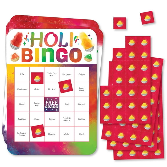 Big Dot of Happiness Holi Hai - Bingo Cards and Markers - Festival of Colors Party Shaped Bingo Game - Set of 18