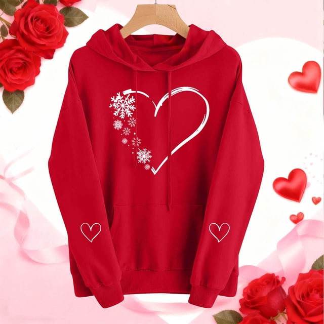 Xuyuer Women's Valentine's Day Printed Hooded Sweatshirt, Long Sleeve Pullover with Heart Graphic for Holiday Gifts, Couple Outfits and Cozy Casual Winter Wear