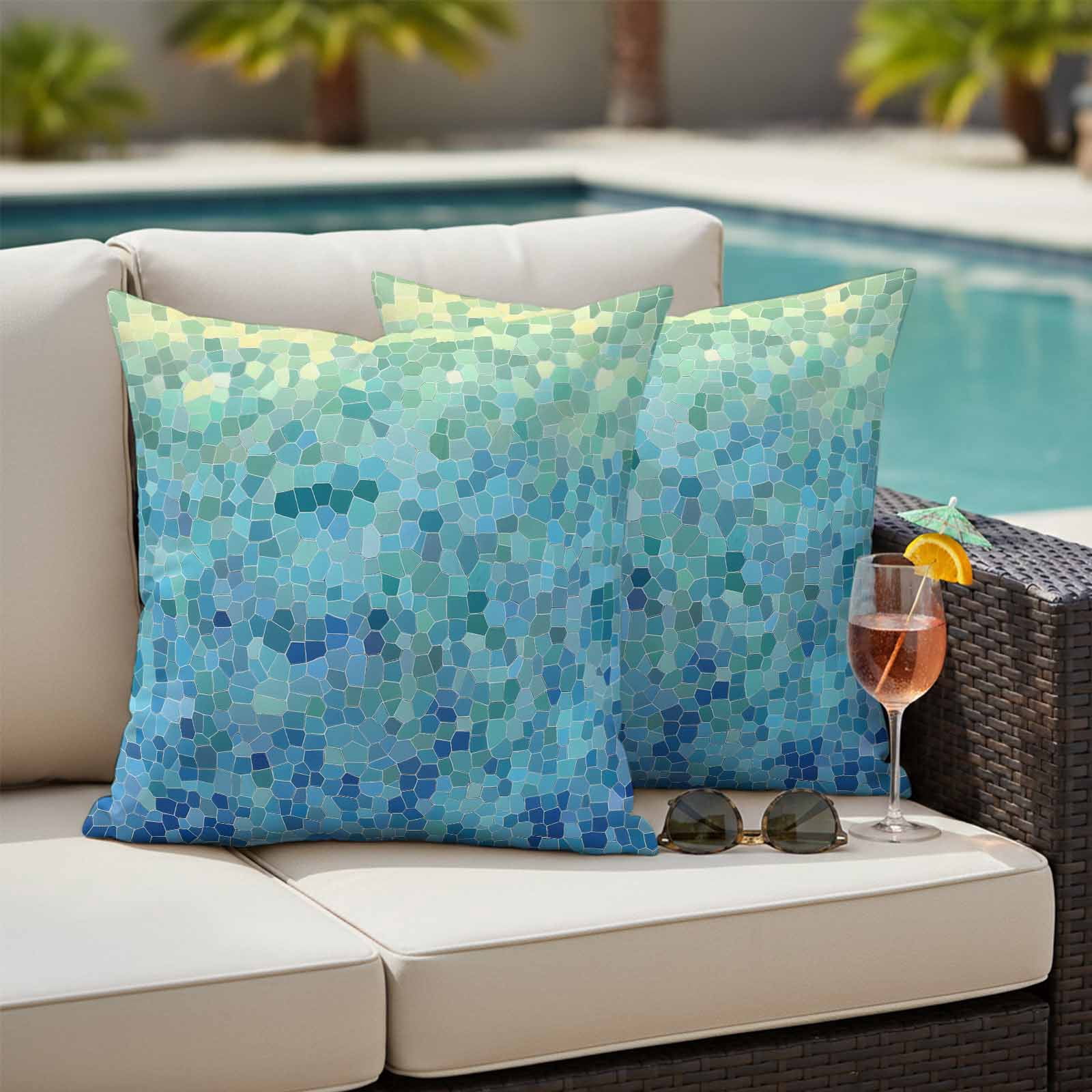 Turquoise Blue Teal Outdoor Waterproof Pillow Covers, Chic Stained Glass Texture Aesthetic Decorative Square Throw Pillowcase Sofa Cushion Sham for Patio/Couch/Chair, 24"x24" 2 Pack