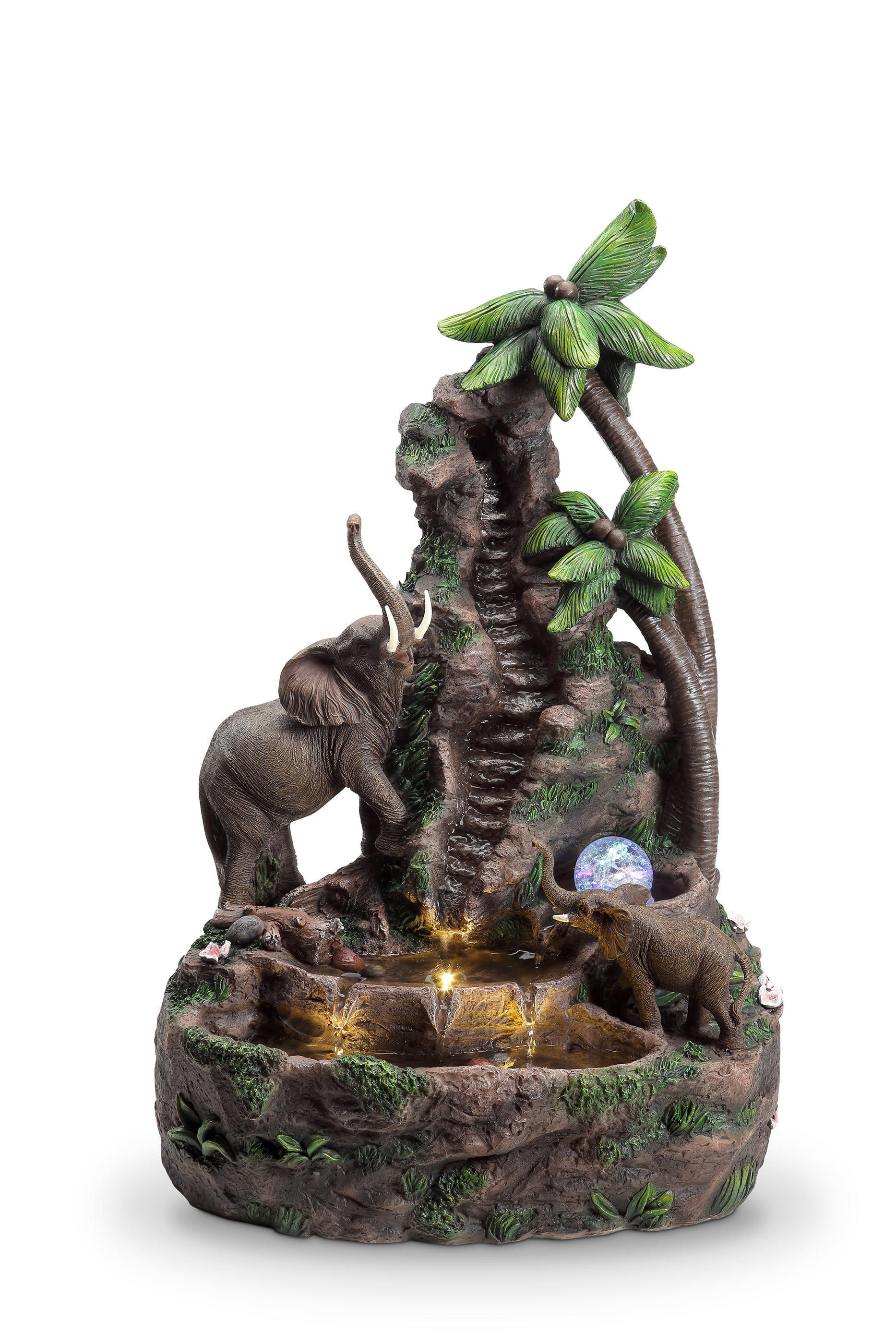 Elephant Baby Hovel Tree Palm Indoor Tabletop Water Fountain LED Light 