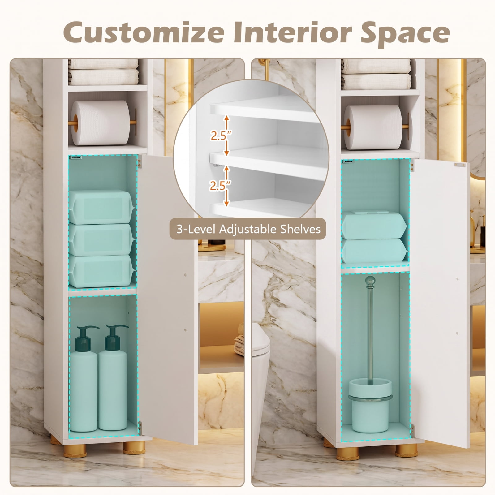 Vebreda Narrow Bathroom Storage Cabinet, Tall Slim Freestanding Tower with 2 Closed Cabinets, Open Shelves and Toilet Paper Holder, Adjustable Shelves, Hook and Anti-Tip Kit, White