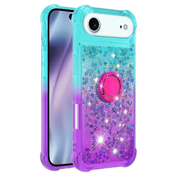 Phone Case for iPhone 17 Air Case with Ring Kickstand, Cute Glitter Bling Sparkle Quicksand Flowing Liquid Clear Gel Silicone ShockProof Cover for iPhone 17 Air Girls-B1