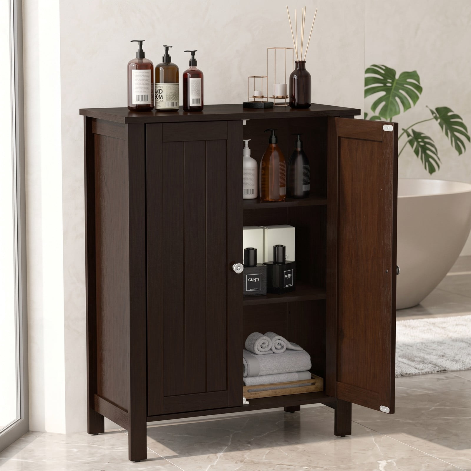 Fenbeli 2-Door Bathroom Floor Storage Cabinet, Freestanding Wooden Storage Organizer with 6-Position Adjustable Shelves, Space-Saving Side Cabinet for Bathroom, Brown