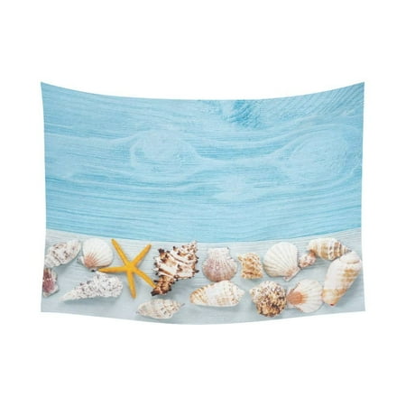 Ocean Themed Wall Decor PHFZK Ocean Beach Theme Wall Art Home Decor, Starfish and Seashells on Blue Wooden Background Tapestry Wall Hanging 80 X 60 Inches ()