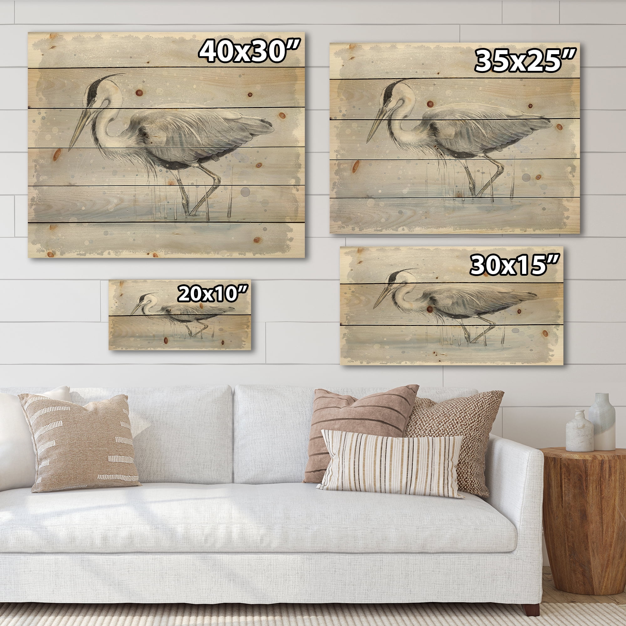 Designart 'Grey Heron Bird In Lake' Farmhouse Print on Natural Pine Wood