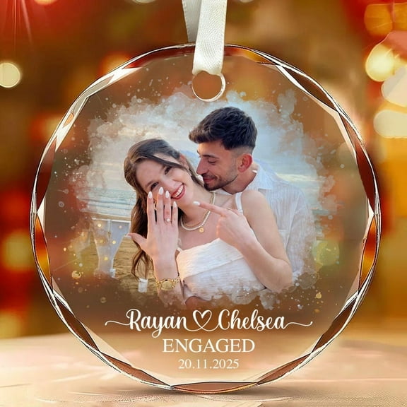Personalized Engagement Photo Glass Ornament, Custom Couple Gift, Wedding Keepsake