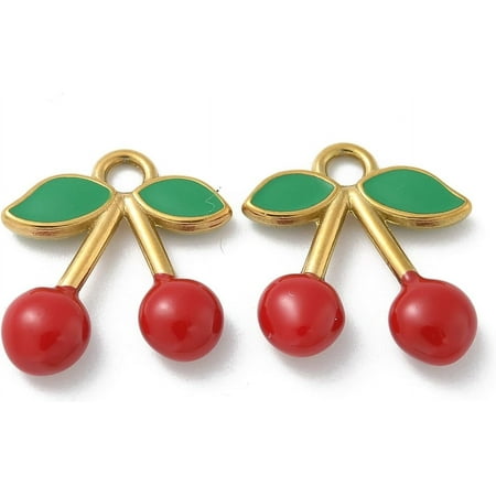 1Pcs Real 18K Gold Plated Cherry Charm Stainless Steel Enamel Pendants Jewel Accessories for Necklace Bracelet Jewelry Making Red 15.5x15x4mm Hole: 2mm