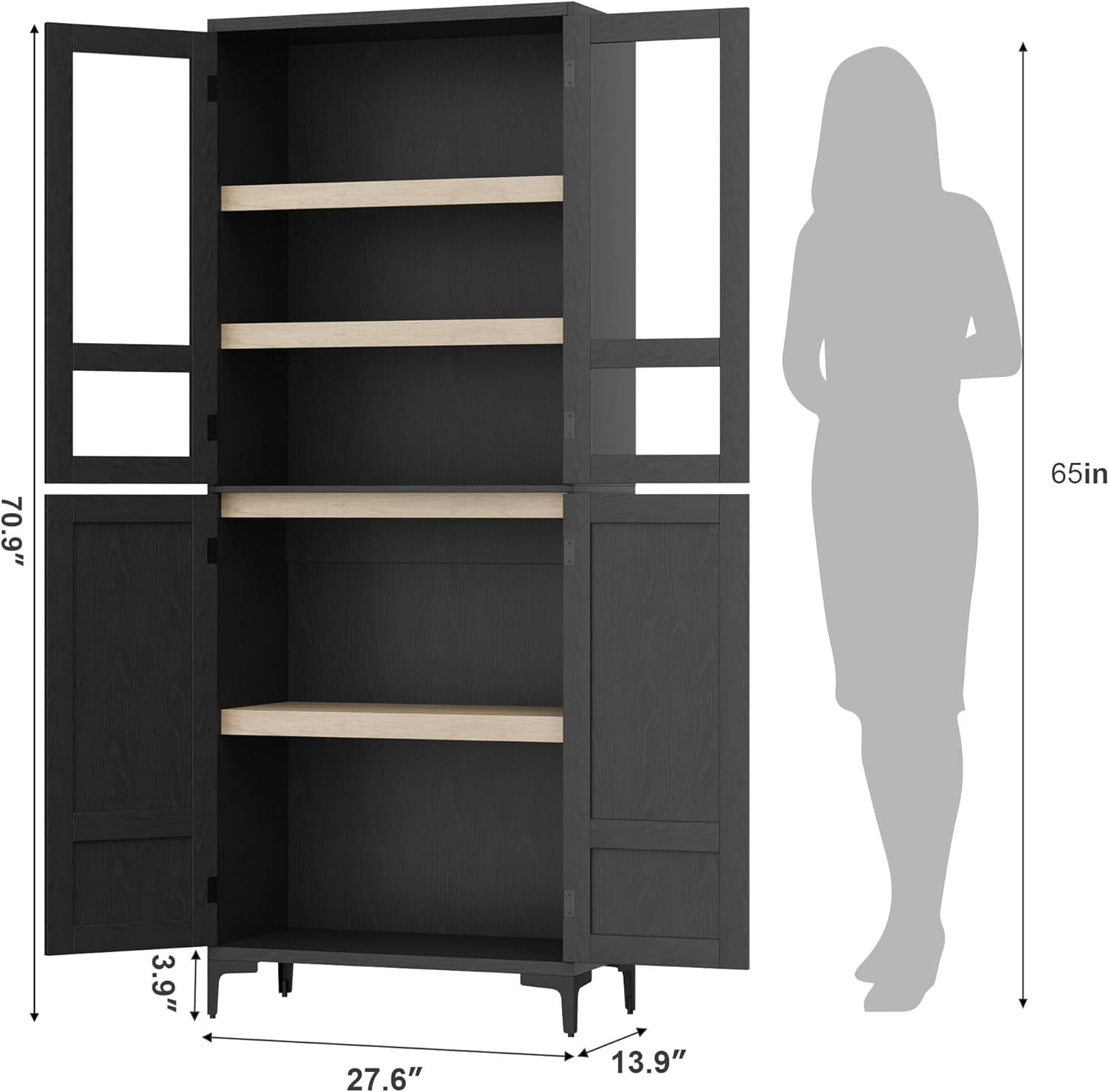 Hetoy 71-Inch Tall Storage Cabinet, Kitchen Food Cabinet, 5-Shelf Bathroom Cabinet, Glass Door with 4-Door Adjustable Shelves for Kitchen, Dining Room, Bathroom, Black