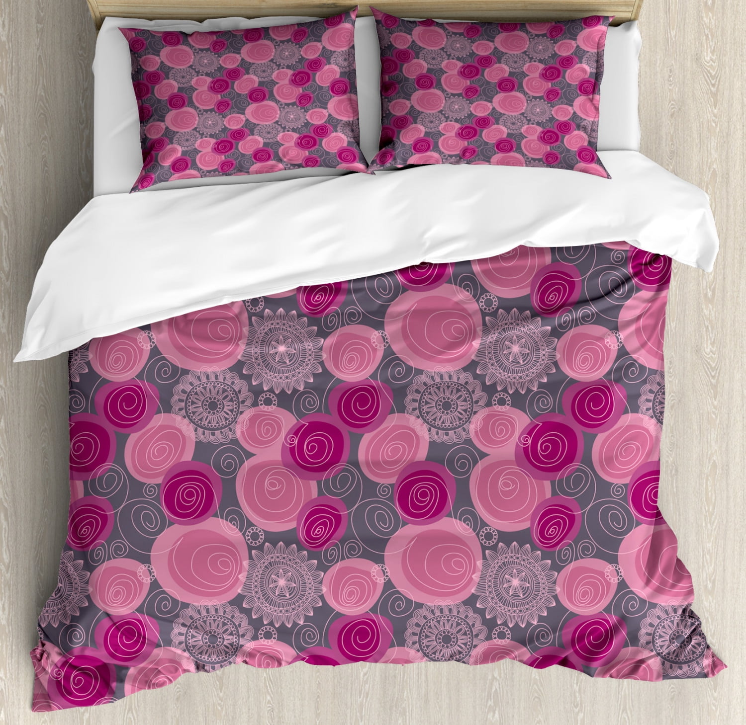 Pink and Grey Duvet Cover Set Queen Size, Doodle Style Lace Swirled