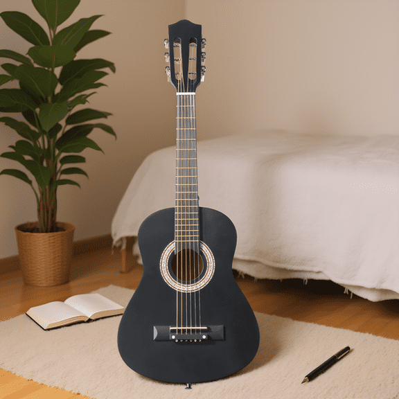 30in Round Acoustic Guitar with Picks, Strings, Capo, Case, Tuner, and Strap (Matte Black)