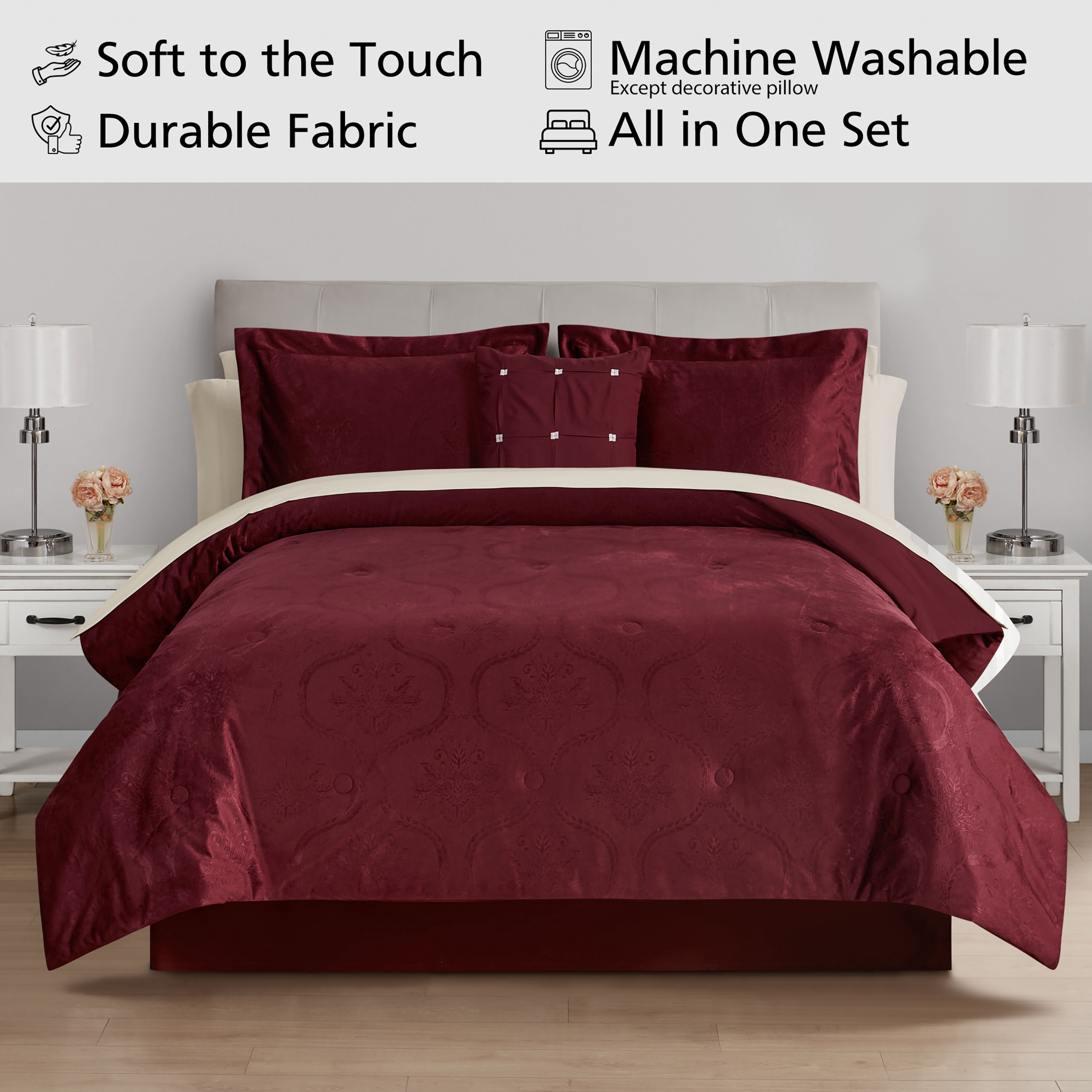 Mainstays All in One Reversible Comforter and Sheet Set- 11 Piece, Full, Red Velvet