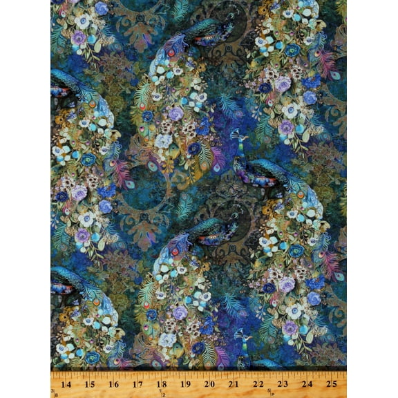 Cotton Peacocks Flowers Floral Designs Animals Birds Cotton Fabric Print by the Yard (PEACOCK-CD2581)
