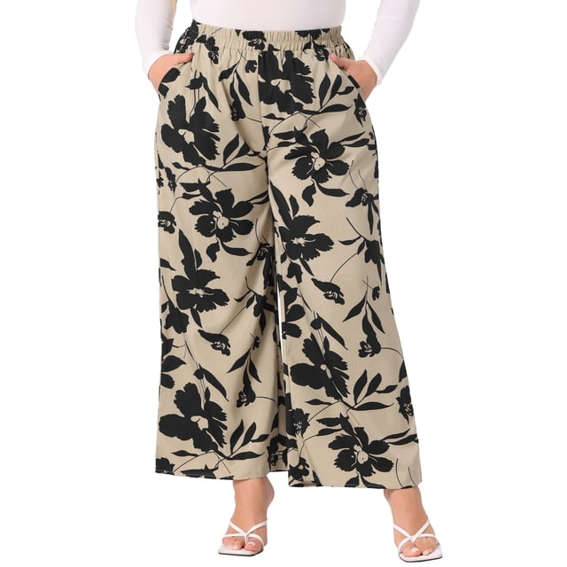 Pantalones Palazzo de Pierna Ancha Floral de Talla Grande para Mujer GRACE & GRANDEUR, Cintura Alta, Primavera Verano, 2X Caqui