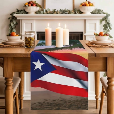Puerto Rico Flag Table Runner, US Vintage Beach Palm Trees Cotton Linen Kitchen Table Decoration Washable Dining Tabletop Runners for Home Party Decor 13x48 Inches