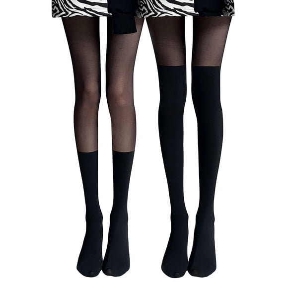 Helii Women's Black Splicing Mid-Thigh Knee High Stockings Comfort Stretch Nylon Bottoming Socks
