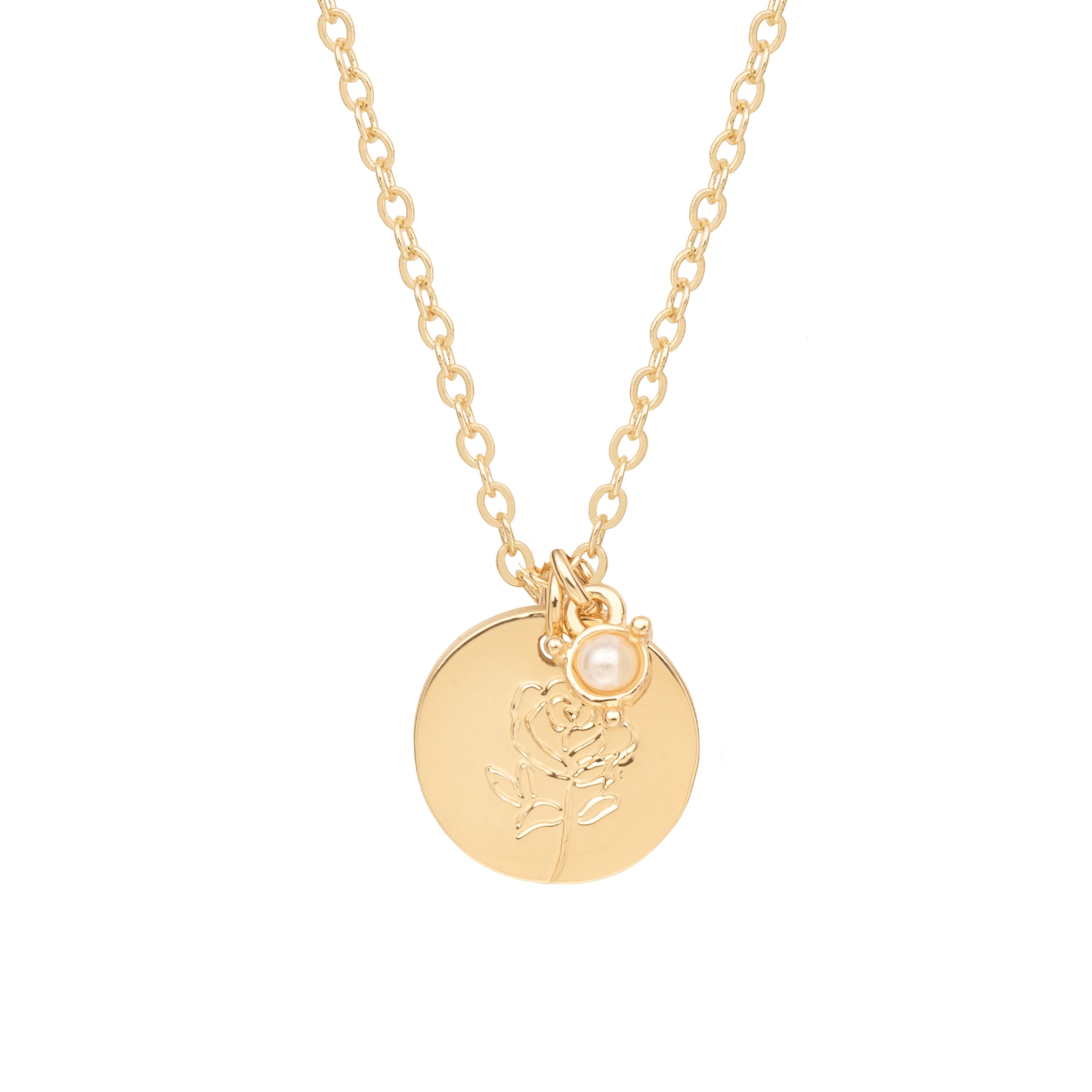 Time and Tru Women’s June Birthstone Necklace, Gold Tone Chain with Pearl Stone & Rose Flower