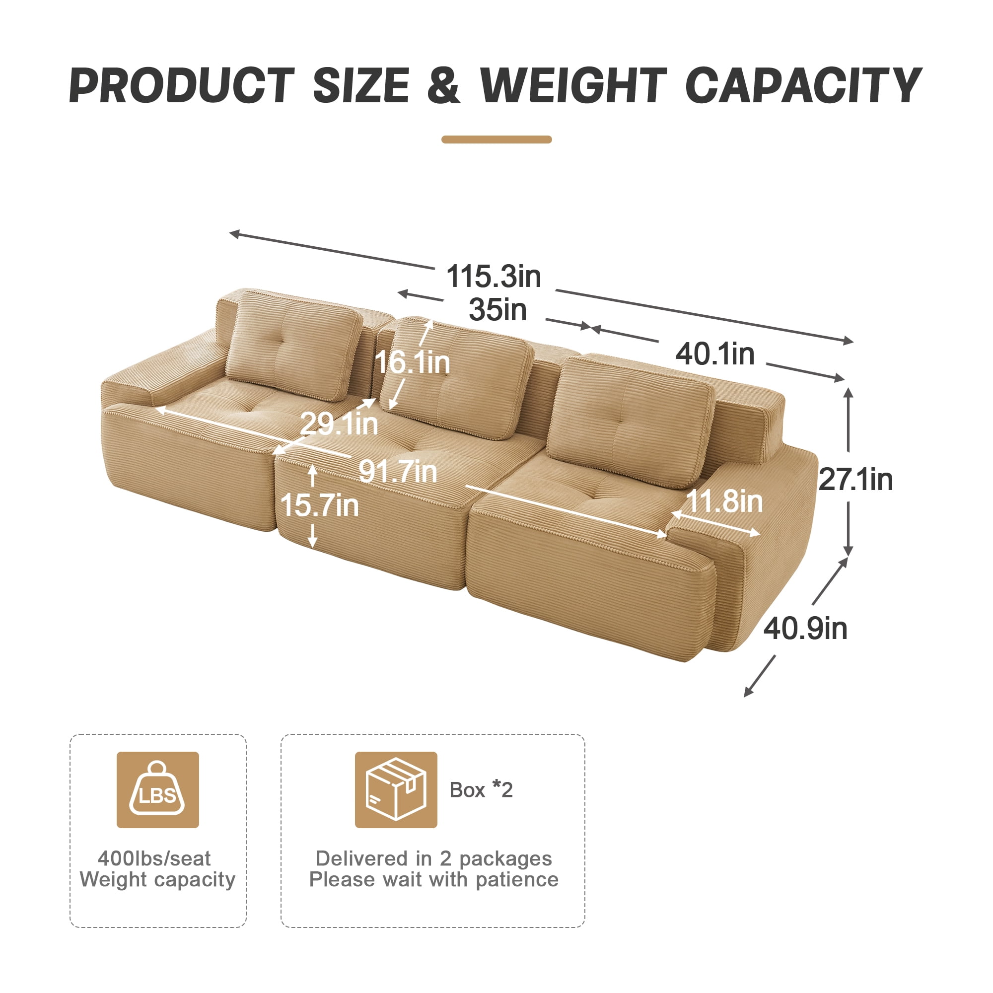 Anpport 117" Oversized 3-Seater Couch, Camel Corduroy with Cushions, Modular Sectional Couch, Anti-Slip, No Assembly for Living Room