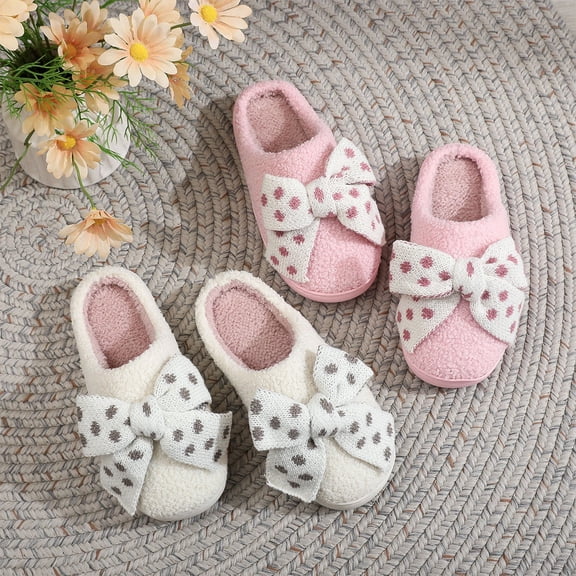 Bovxnpu Women's Warm Fuzzy Slippers Winter House Shoes, Fashion Casual Men And Women Couples Bow Accents Interior Warm Winter Home Slippers Comfy Soft Lightweight Indoor House Shoes