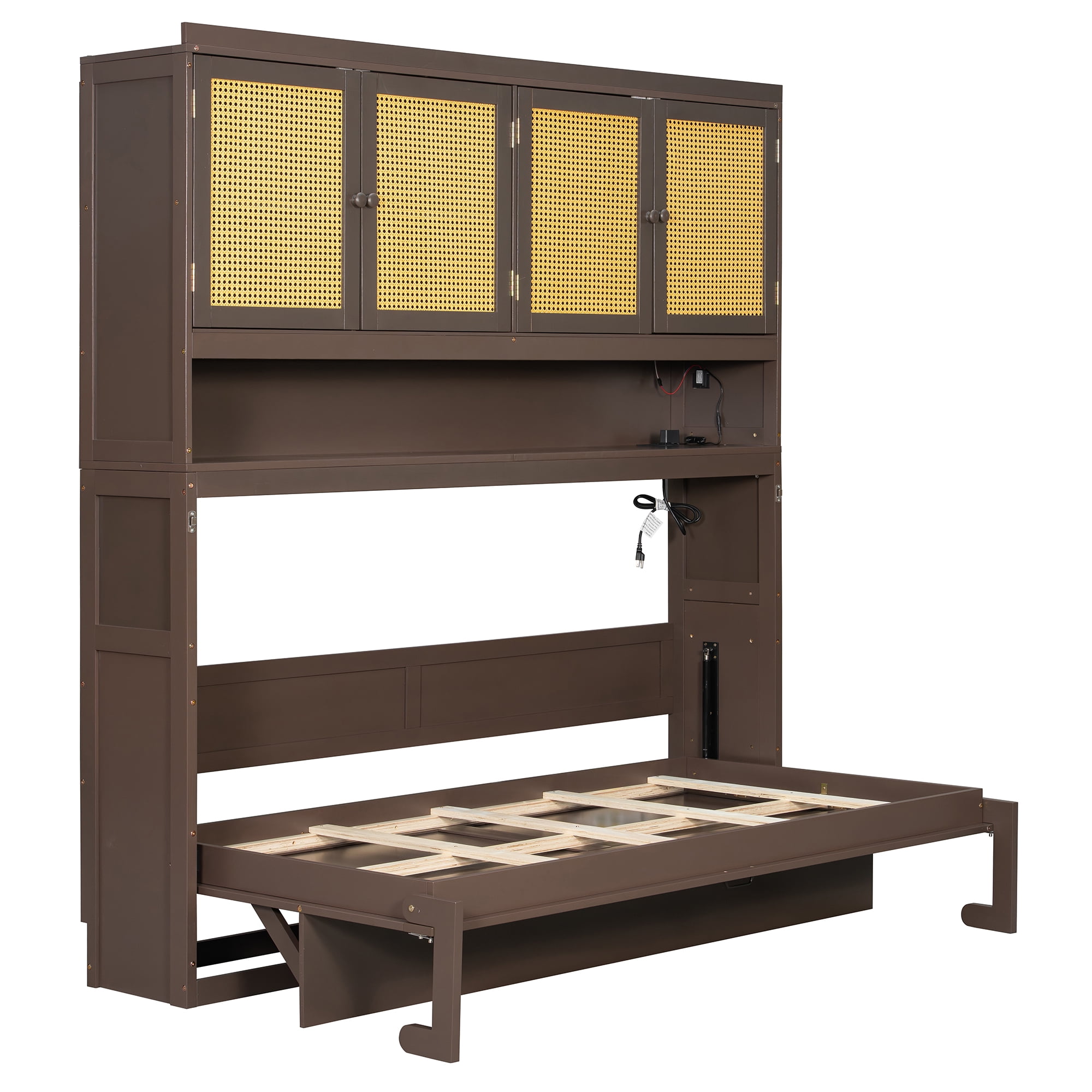 Mintazer Twin Murphy Bed with Rattan Cabinet & Desk, Wall Foldable Bed with Charge Station & LED Lighting for Bedroom Guest Room, Espresso
