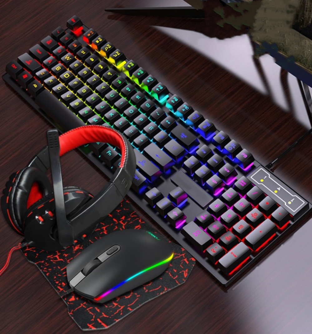 Wired Gaming Keyboard and Mouse Headset Combo, Boriyuan 4 in 1 Gaming Set, Rainbow LED Backlit Wired Keyboard, Over Ear Headphone with Mic, Rainbow Backlit Gaming Mice, Mouse Pad (Black)