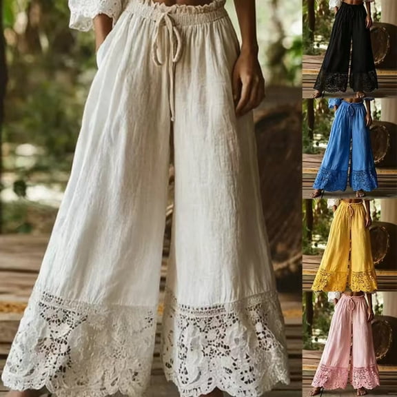 Womens Lace linen Trim Pants Casual Boho Smocked Elastic Waist Wide Leg Flowy Pull on Daily Vacation Beach Pants,M