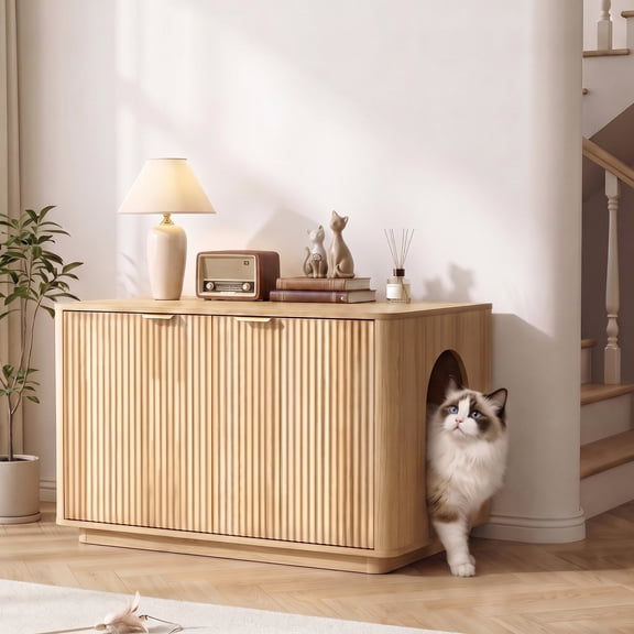 Naipo 31.5" Cat Litter Box Enclosure, Modern Fluted Litter Box Furniture with Hiden Side Entry,for Cats and Home Comforts,Natural