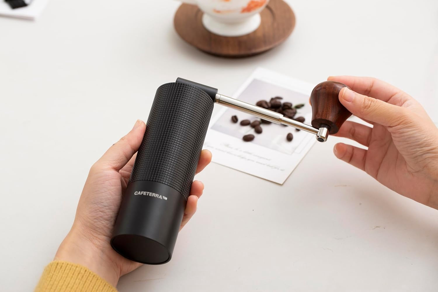 Manual Coffee Grinder – Foldable Stainless Steel Handle with Wooden Knob, 38mm Conical Burr, Adjustable Grind for Espresso to French Press, Portable Hand Grinder for Home & Travel