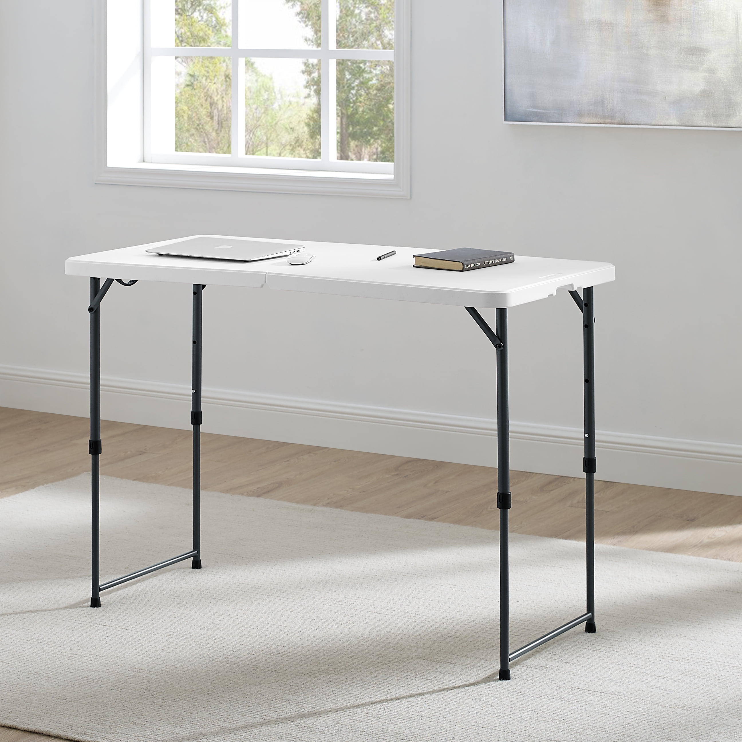 Mainstays White 4 Foot Adjustable Height Folding Plastic Table Easy Fold Indoor Outdoor 5 Year Warranty Resistant to Scratch Stain UV Damage