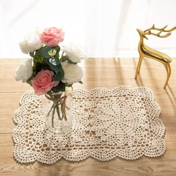 2Pcs Rectangle Doilies 10.5x17inch Handmade Crochet Cotton Lace Table Placemats Coaster
