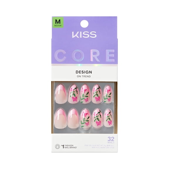 Kiss Core Design Press On Nails Almond, Springtime Splendor, Pink, Medium, 32 Count