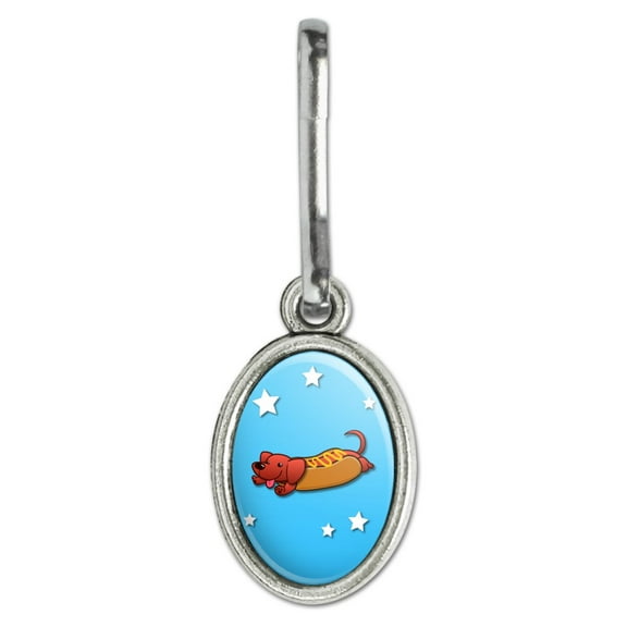 Wiener Hot Dog Dachshund Cartoon Antiqued Oval Charm Clothes Purse Suitcase Backpack Zipper Pull Aid