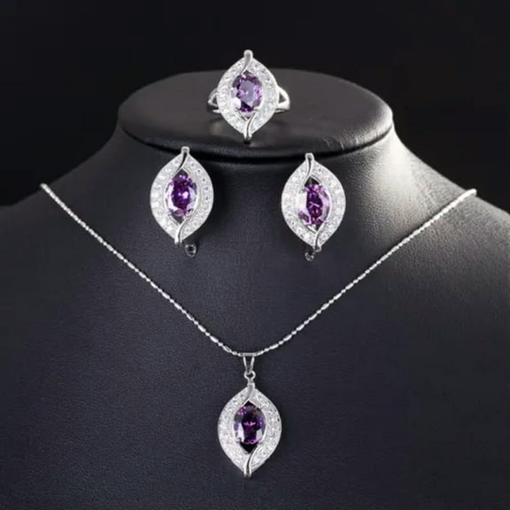 Purple Amethyst CZ Women Jewelry Leaf Pendant Necklace Earrings and Ring Set