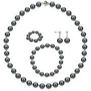 ADDURN 4-Piece Set with Black Freshwater Pearl Necklace Sterling Silver Chain 18" with Ball Clasp, Matching Stretch Bracelet, Matching Earring, & Matching Stretch Ring, 10mm x 11mm, Silver Beaded