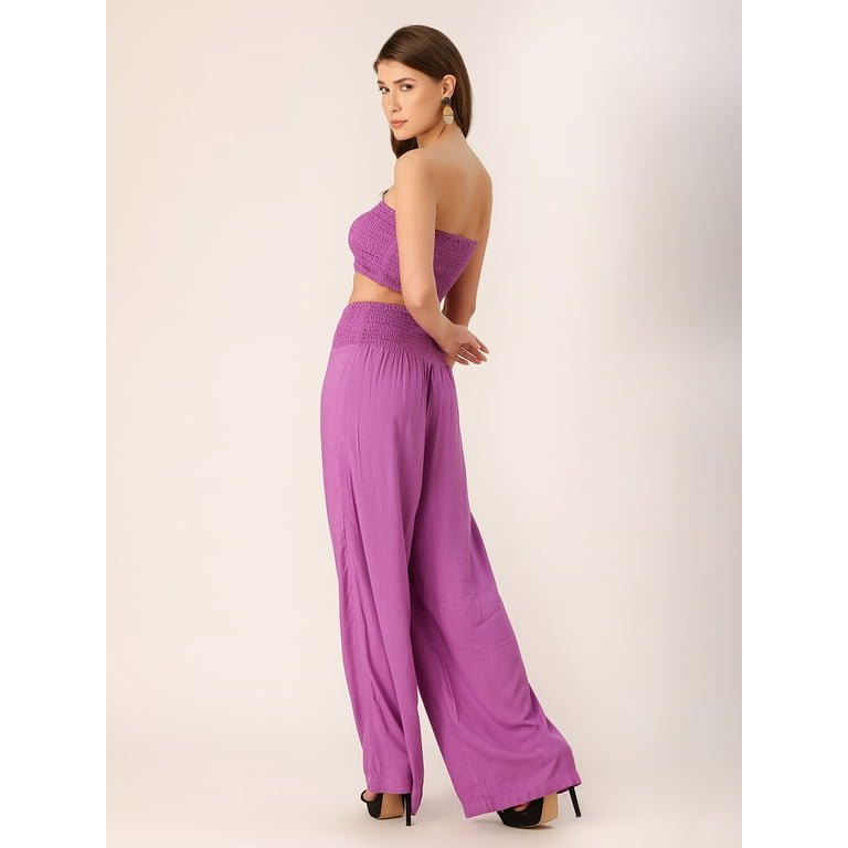 DressBerry Women s Solid Viscose Rayon Tube Top and Pants 2 PC Co ord Set Tube Top Long Palazzo Pants Elastic Waist Casual Summer Wear Light Weighted