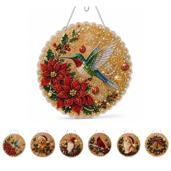 Christmas Hummingbird Suncatcher Diamond Art Kit, 7.87 in DIY Crystal Bead Painting Pendant with PET Base and Hanging Chain for Bird Lover Gift, Window, Door and Holiday Decor