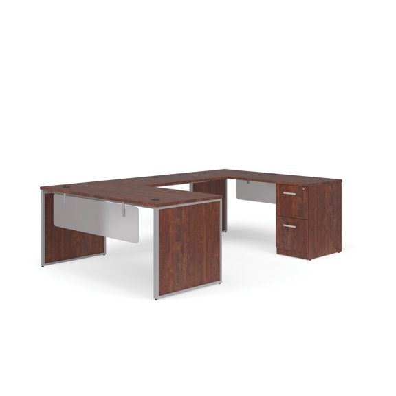 OFM Fulcrum Series Office Furniture Set, 66" U-Shaped Desk with Bridge, Credenza, 2-drawer Filing Cabinet, Leg Panels, Modesty Panels, in Cherry