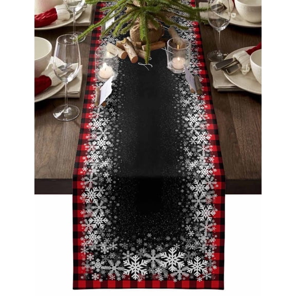 Merry Christmas Cotton Linen Table Runner for Dining Kitchen, Winter Holiday Xmas Snowflake Red Plaid Wedding Outdoor Party Tablerunners Decoration, Dresser Scarf Coffee Tablecloth Runners 13"x60"