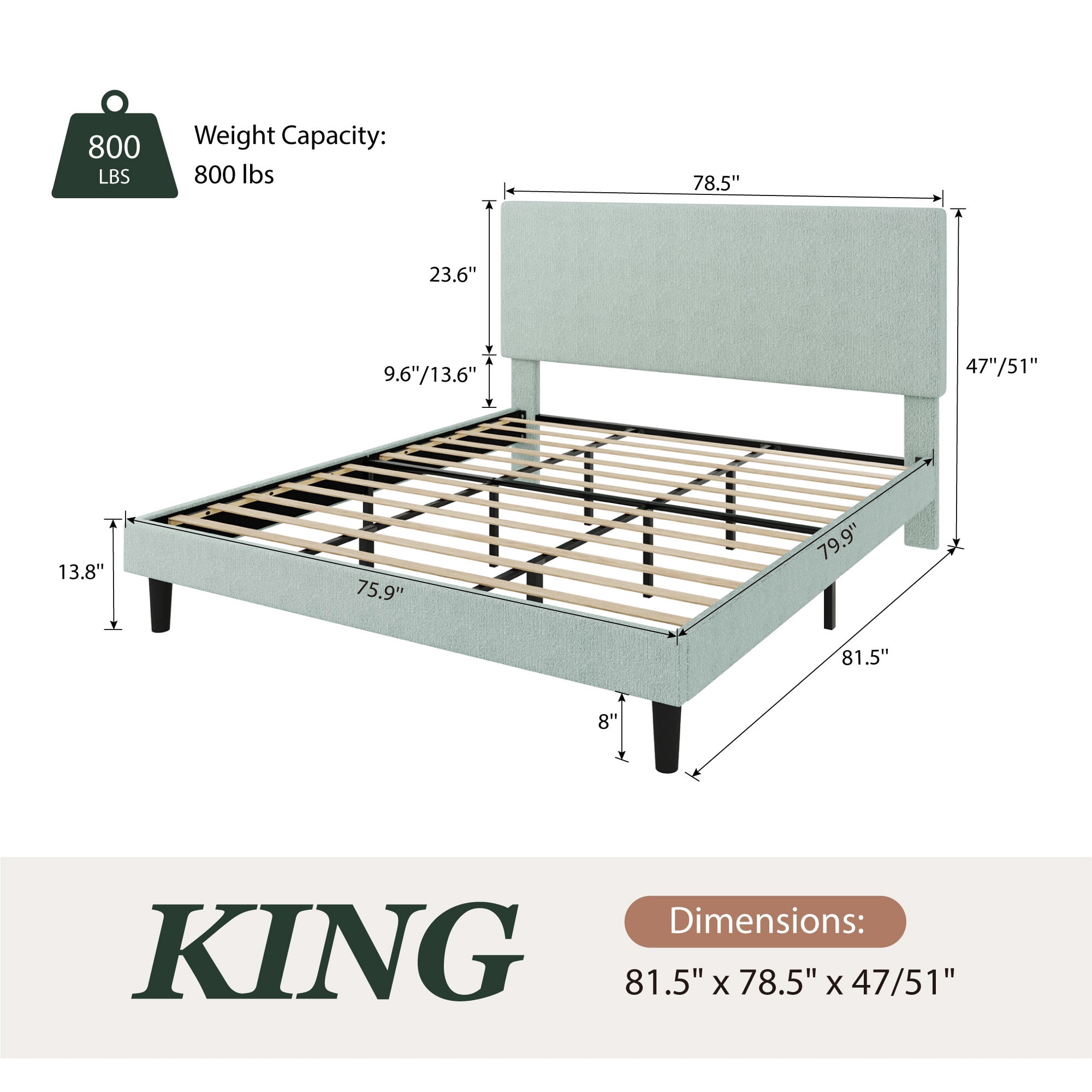 Amolife King Bed Frame, Platform Bed Frame with Upholstered Adjustable Headboard, Ice Blue, Nubby Fabric