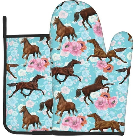 

Sunyuer Running Horse and Flowers Printed Oven Mitts and Pot Holders 2 Pcs Sets Heat Resistant Oven Gloves Potholder for Kitchen Cooking Baking Decoration